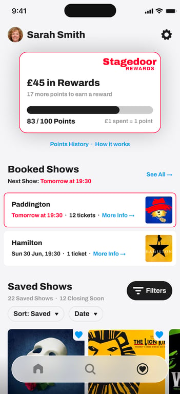 Stagedoor app on iPhone showing rewards balance and points earned on recent bookings