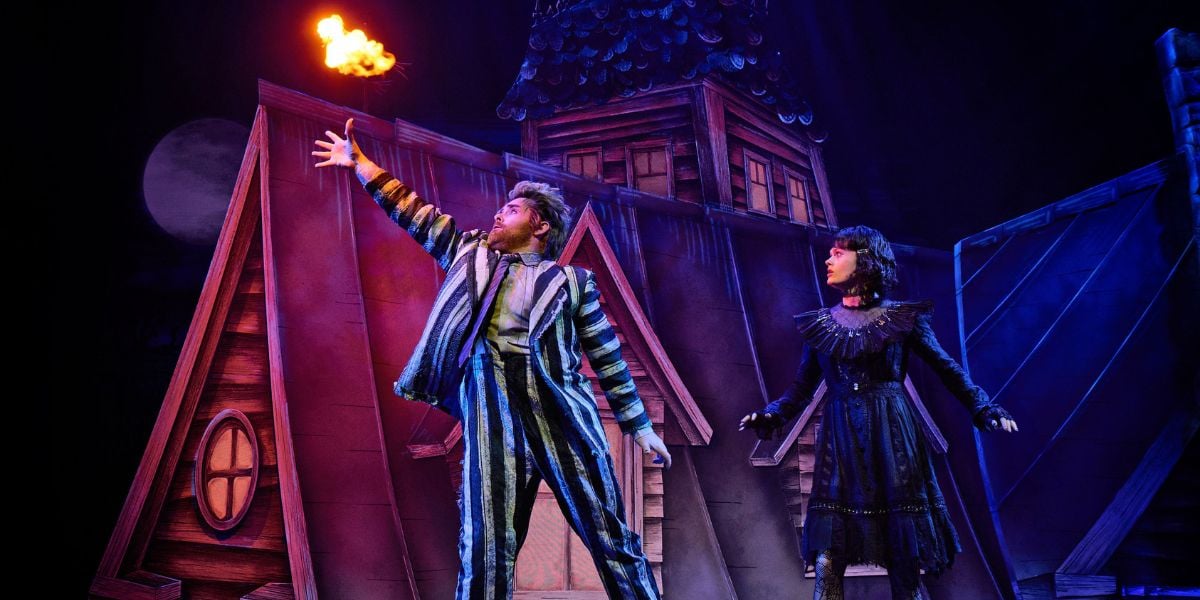 David Fynn as Beetlejuice and Hannah Nordberg as Lydia Deetz in Beetlejuice the Musical, West End