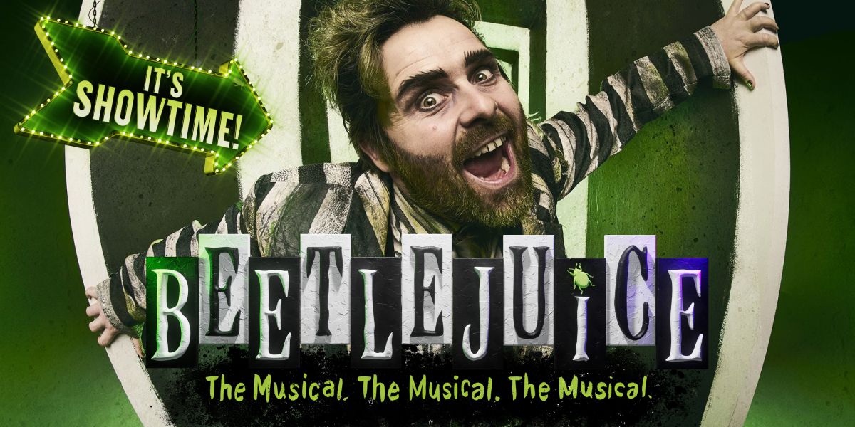 Stripy black and white show artwork overlayed with the words Beetlejuice.