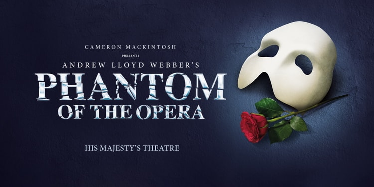 A white phantom mask rests beside a red rose. The title "Phantom of the Opera" is displayed prominently.