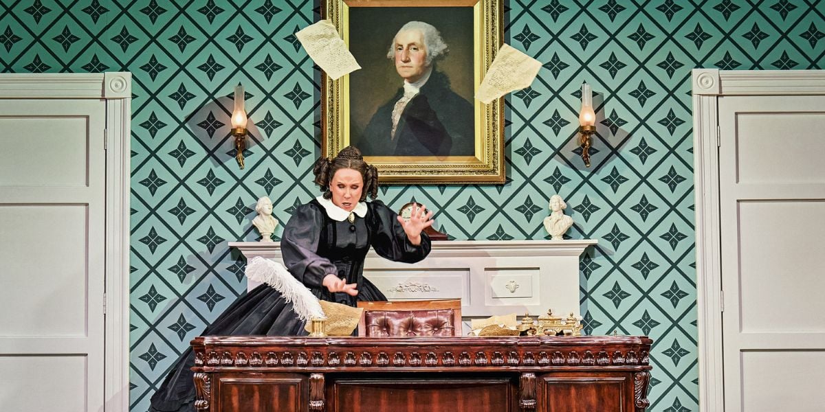 Catherine Tate in Oh, Mary! as Mary Todd Lincoln.  She throws papers into the air as she goes through a wooden brown desk.
