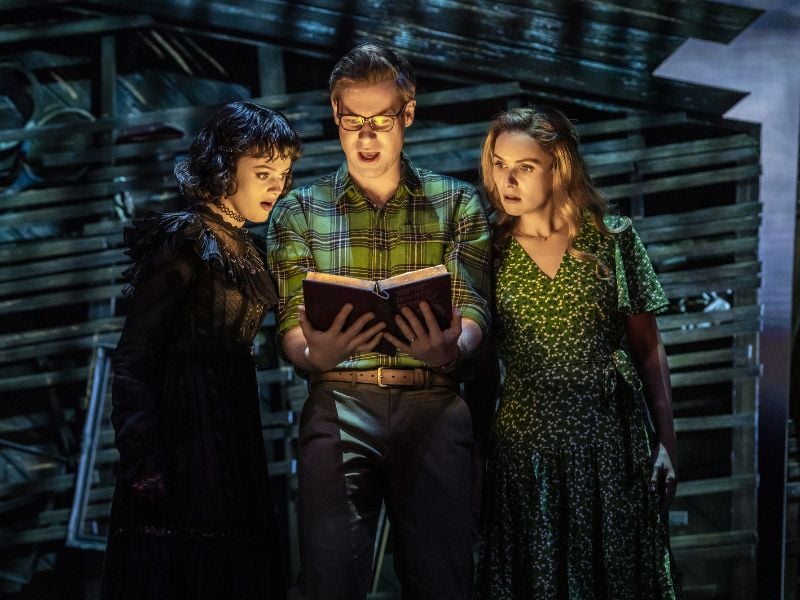 Hannah Nordberg as Lydia Deetz, David Hunter as Adam Maitland and Chelsea Halfpenny as Barbara Maitland in Beetlejuice, West End