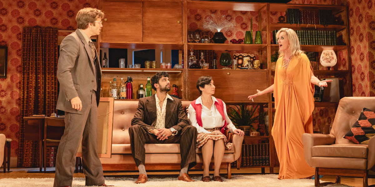 Tamsin Outhwaite and the cast of Abigail’s Party on stage at the Harold Pinter Theatre.