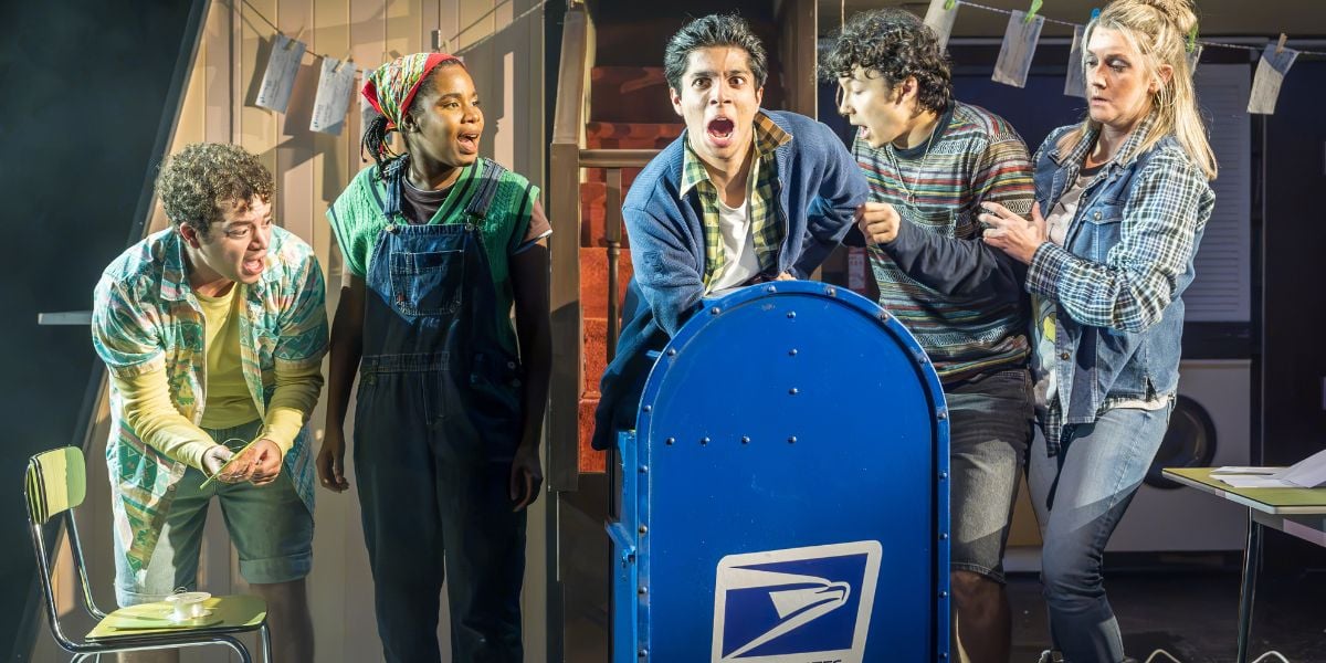 Kimberly Akimbo production image with Robin Simões da Silva, Aviva Tulley, Ronav Jain, Gilli Jones, Alice Fearn.