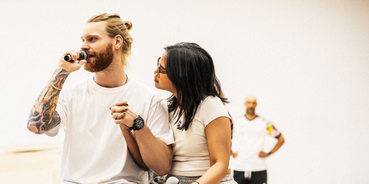 Sam Ryder (Jesus Christ) and Desmonda Cathabel (Mary Magdalene) in the rehearsal room for Jesus Christ Superstar coming to the London Palladium and Theatre Royal Drury Lane.
