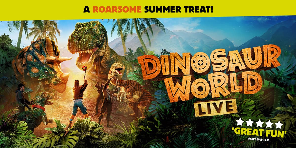 The artwork for Dinosaur World Live. A large T-Rex towers over a person holding bait on a stick in the air. The tagline reads 'A roarsome summer treat!'