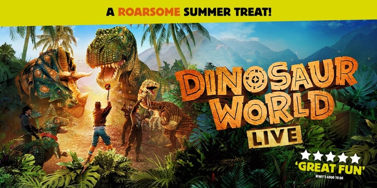 The artwork for Dinosaur World Live. A large T-Rex towers over a person holding bait on a stick in the air. The tagline reads 'A roarsome summer treat!'