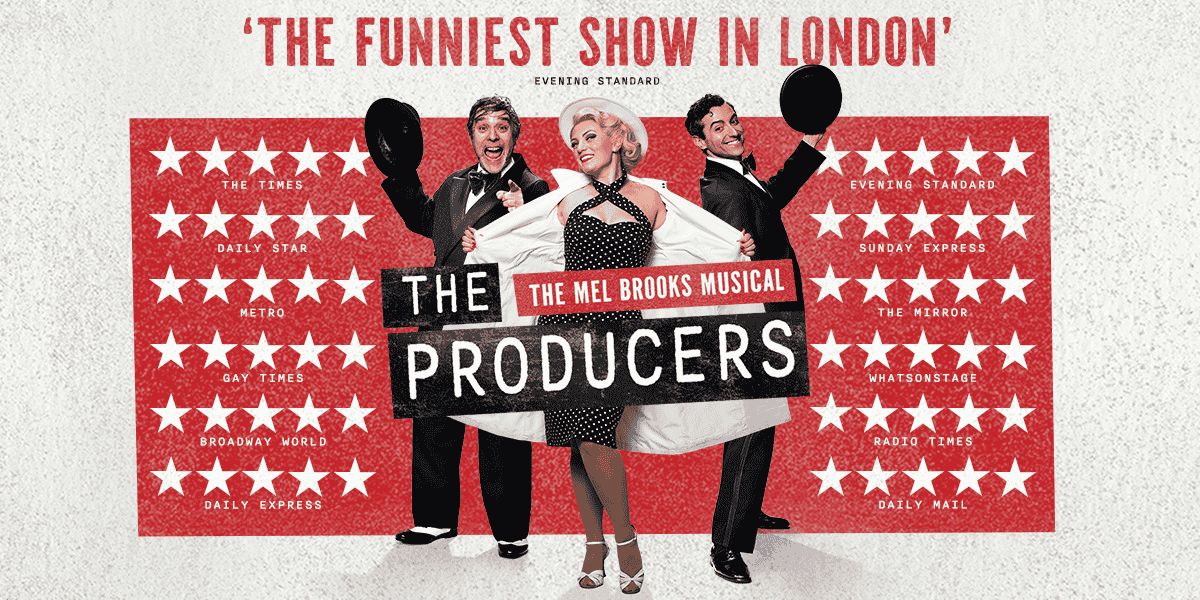 The Producers - The Mel Brooks Musical. Two men pose behind the show title, wearing suits holding out their bowler hats