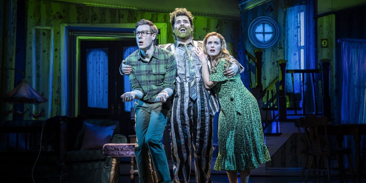 David Hunter as Adam Maitland, David Fynn as Beetlejuice and Chelsea Halfpenny as Barbara Maitland in Beetlejuice the Musical, West End © Johan Persson