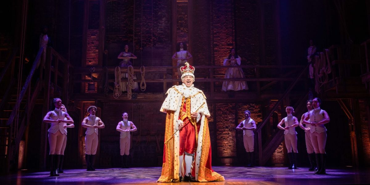 Hamilton production image. Daniel Boys as King George.