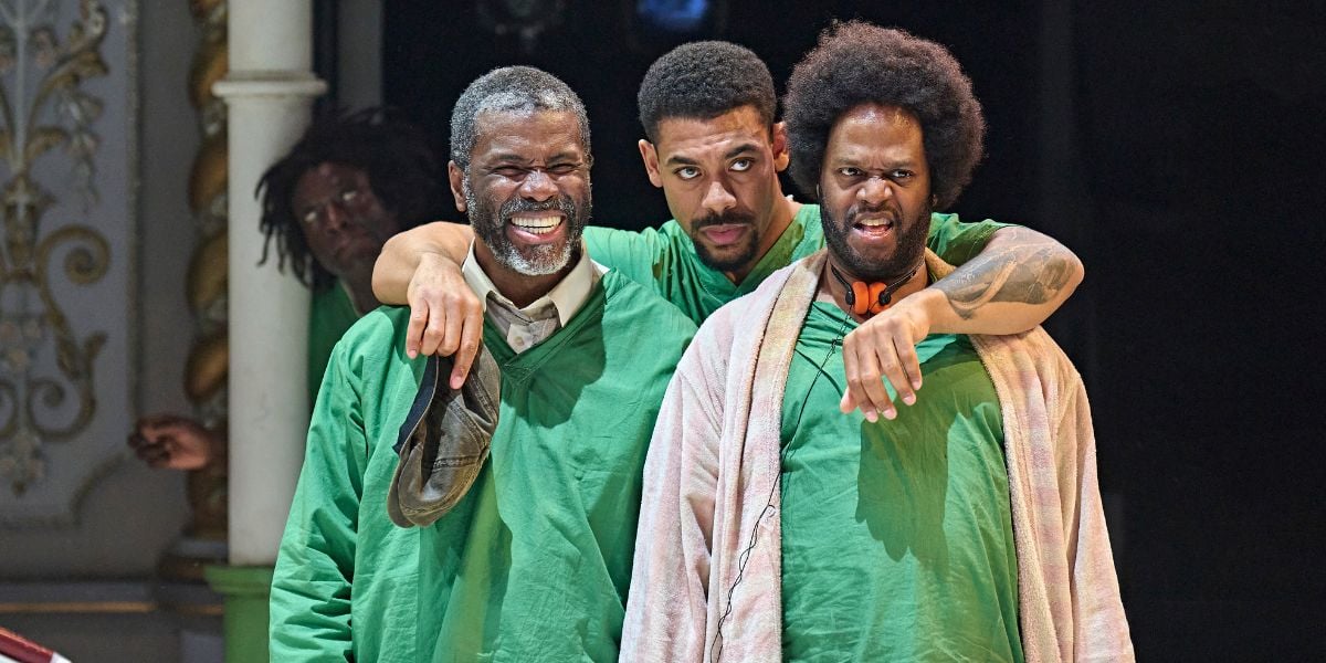 Mo Sesay (Scanlon), Aaron Pierre (Randle P. McMurphy) and Javone Prince (Cheswick) in One Flew Over the Cuckoo's Nest at The Old Vic 2026.