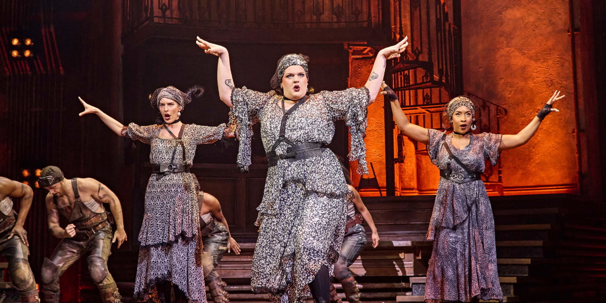 The cast of Hadestown, playing at the Lyric Theatre, London. 