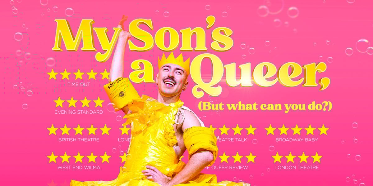 Artwork for My Son's A Queer (but what can you do?) featuring Rob Madge at the centre of the image wearing a yellow plastic DIY dress with yellow arm bands and a paper crown.