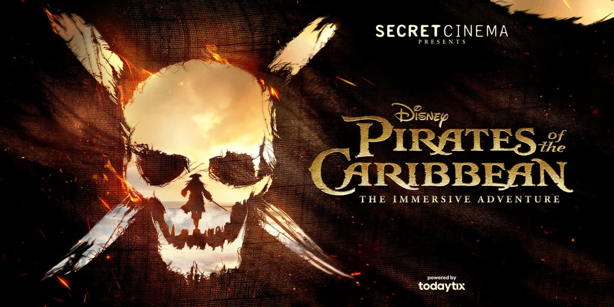 Skull and crossbones with a pirate silhouetted through the skull, with Secret Cinema Presents Disney Pirates of the Caribbean title overlay