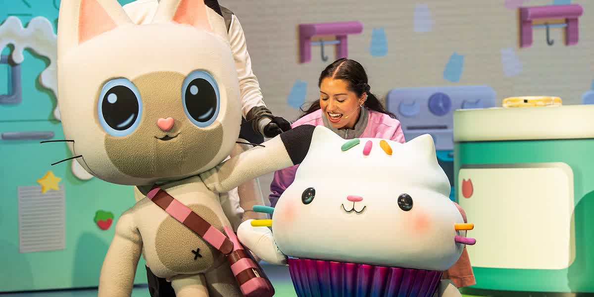 Two cat puppets on stage. One is a cupcake cat.