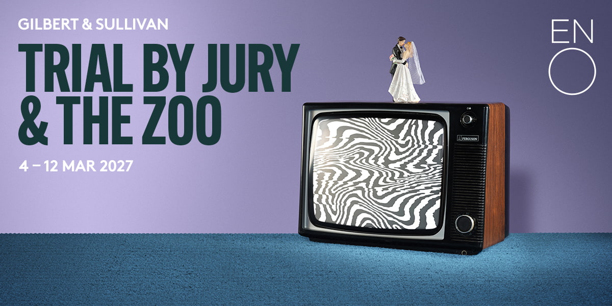 Trial by Jury & The Zoo artwork – English National Opera production of two Gilbert & Sullivan works exploring love, chaos and satire