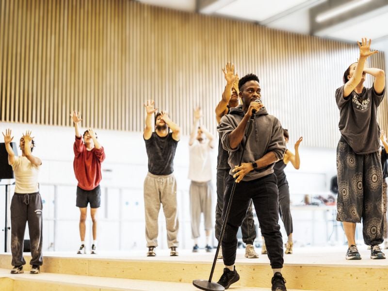 Tyrone Huntley (Judas) and the cast in the rehearsal room for Jesus Christ Superstar coming to the London Palladium and Theatre Royal Drury Lane.