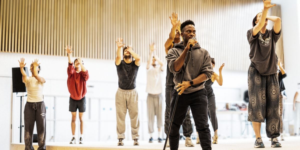 Tyrone Huntley (Judas) and the cast in the rehearsal room for Jesus Christ Superstar coming to the London Palladium and Theatre Royal Drury Lane.