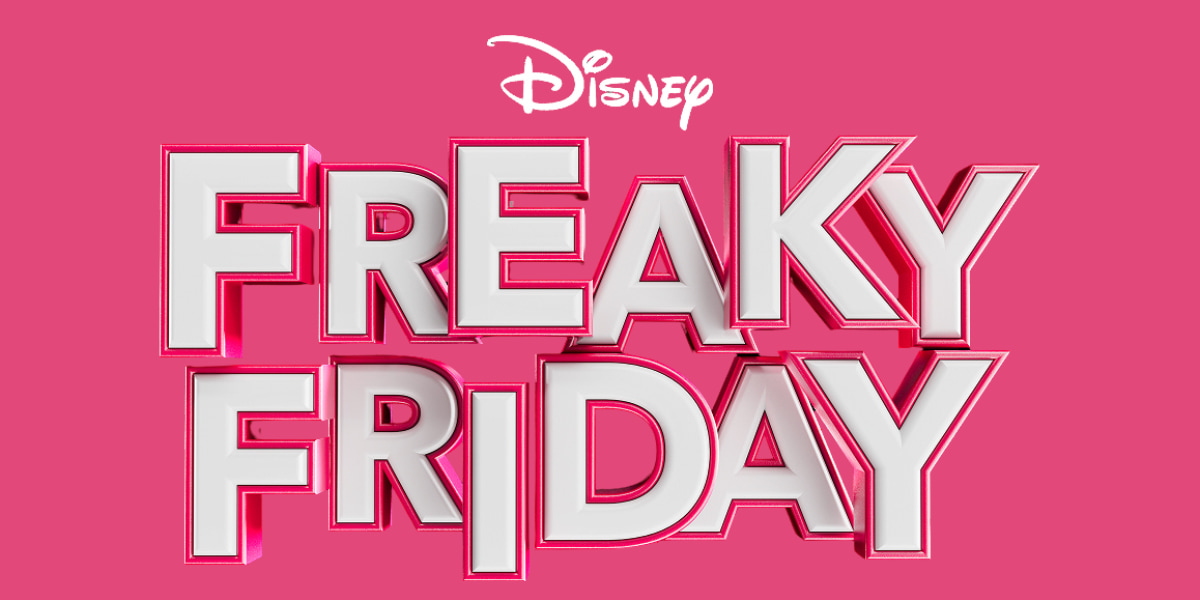 Show artwork with Disney's Freaky Friday in white lettering over a bubblegum pink background