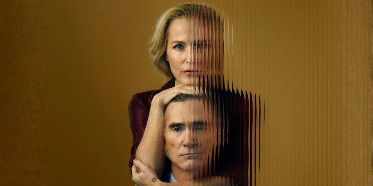 The artwork for Edward Albee's Who's Afraid of Virginia Woolf? Gillian Anderson, blonde looks directly into the camera with her hand on top of Billy Grudup's head and her arm around his neck. 