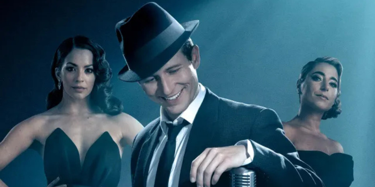 Anna Villafañe (Ava Gardner), Joel Harper-Jackson (Frank Sinatra) y Phoebe Panaretos (Nancy Sinatra) en una imagen promocional de Sinatra The Musical