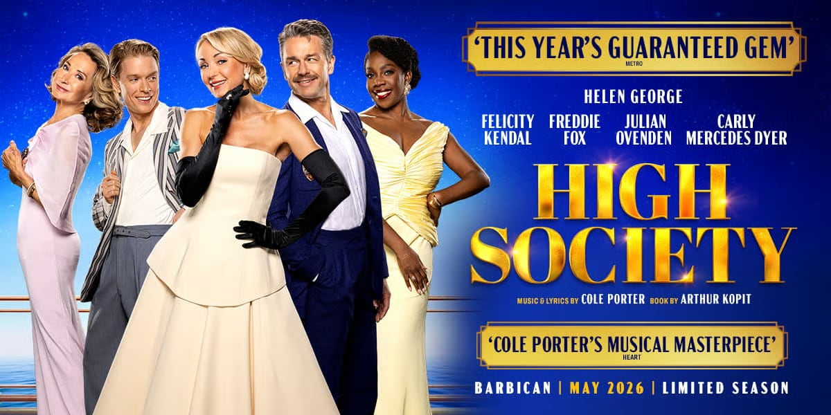 High Society show artwork showing the title in a gold font and the cast