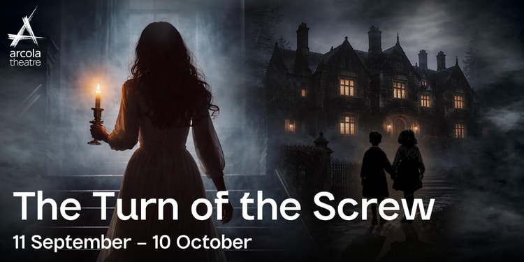 The Turn of the Screw at Arcola Theatre, woman with candle facing an old house at night, glowing windows and two silhouetted children.