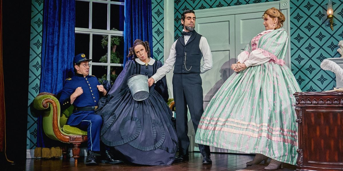 OH, MARY! production shot with Oliver Stockley (Mary's Husband's Assistant), Catherine Tate (Mary Todd Lincoln), Scott Karim (Mary's Husband) and Kate O'Donnell (Louise). 