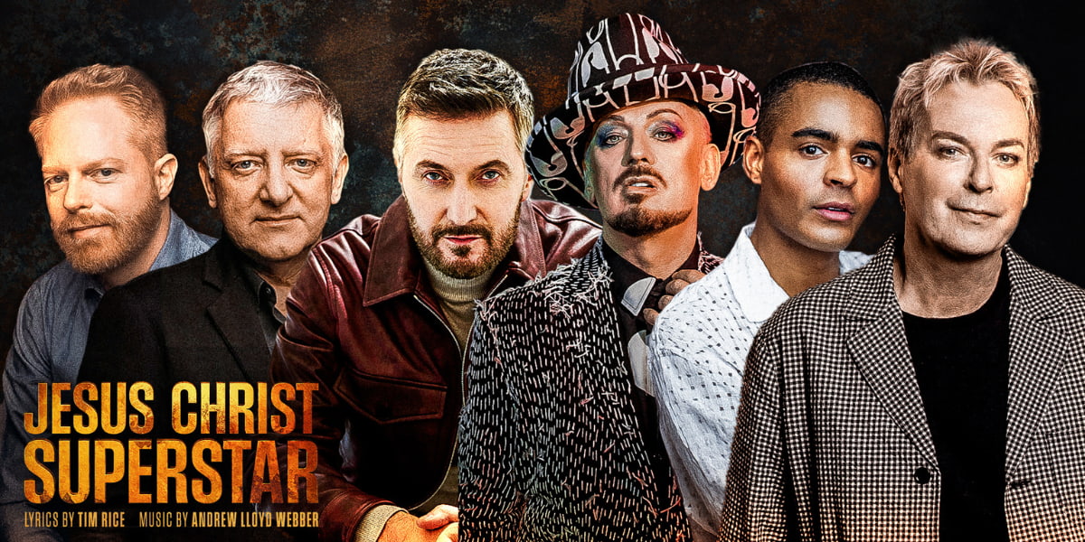 Headshots of Jesse Tyler Ferguson, Simon Russell Beale, Richard Armitage, Boy George, Layton Williams and Julian Clary, who will share the role of King Herod in the summer 2026 London Palladium production of Jesus Christ Superstar.