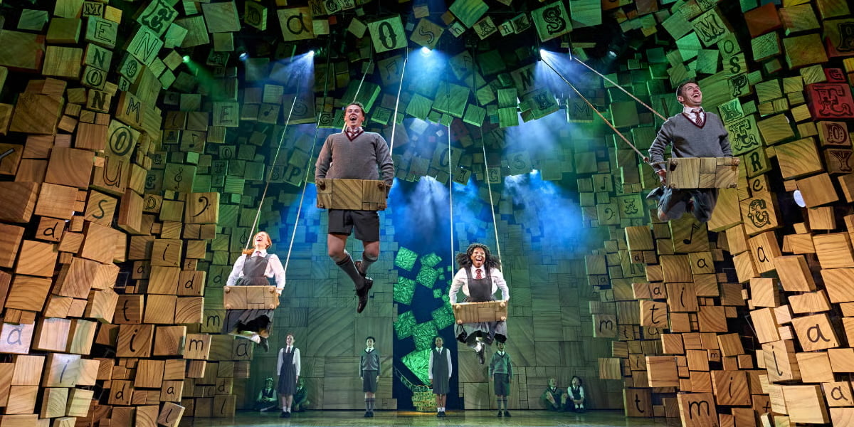 Children in the iconic swing scene in Matilda The Musical London