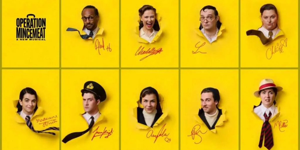 Headshots of the current Operation Mincemeat London cast on a yellow background