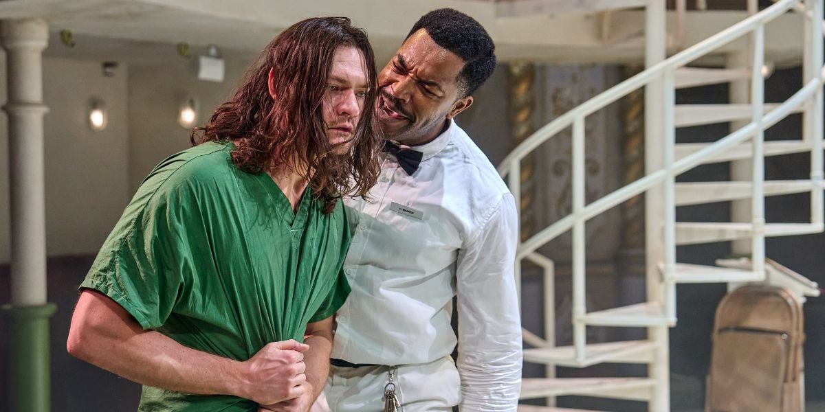 Arthur Boan (Chief Bromden) and Samson Ajewole (Aide Warren) in One Flew Over the Cuckoo’s Nest at The Old Vic (2026).