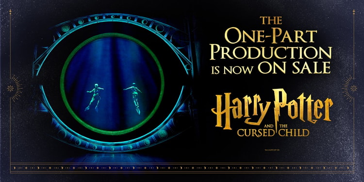 A promotional image for "Harry Potter and the Cursed Child" at Palace Theatre. It features dramatic visuals and text highlighting the show.