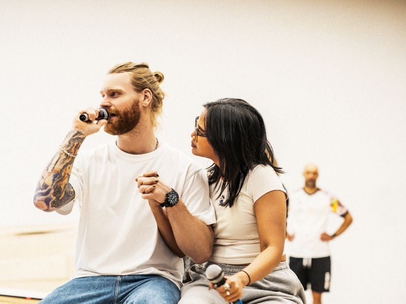 Sam Ryder (Jesus Christ) and Desmonda Cathabel (Mary Magdalene) in the rehearsal room for Jesus Christ Superstar coming to the London Palladium and Theatre Royal Drury Lane.