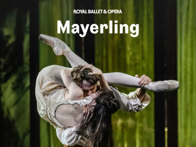 Artwork for the Royal Ballet & Opera's Mayerling. Two ballet dancers intertwine, one lifted into the others arms.